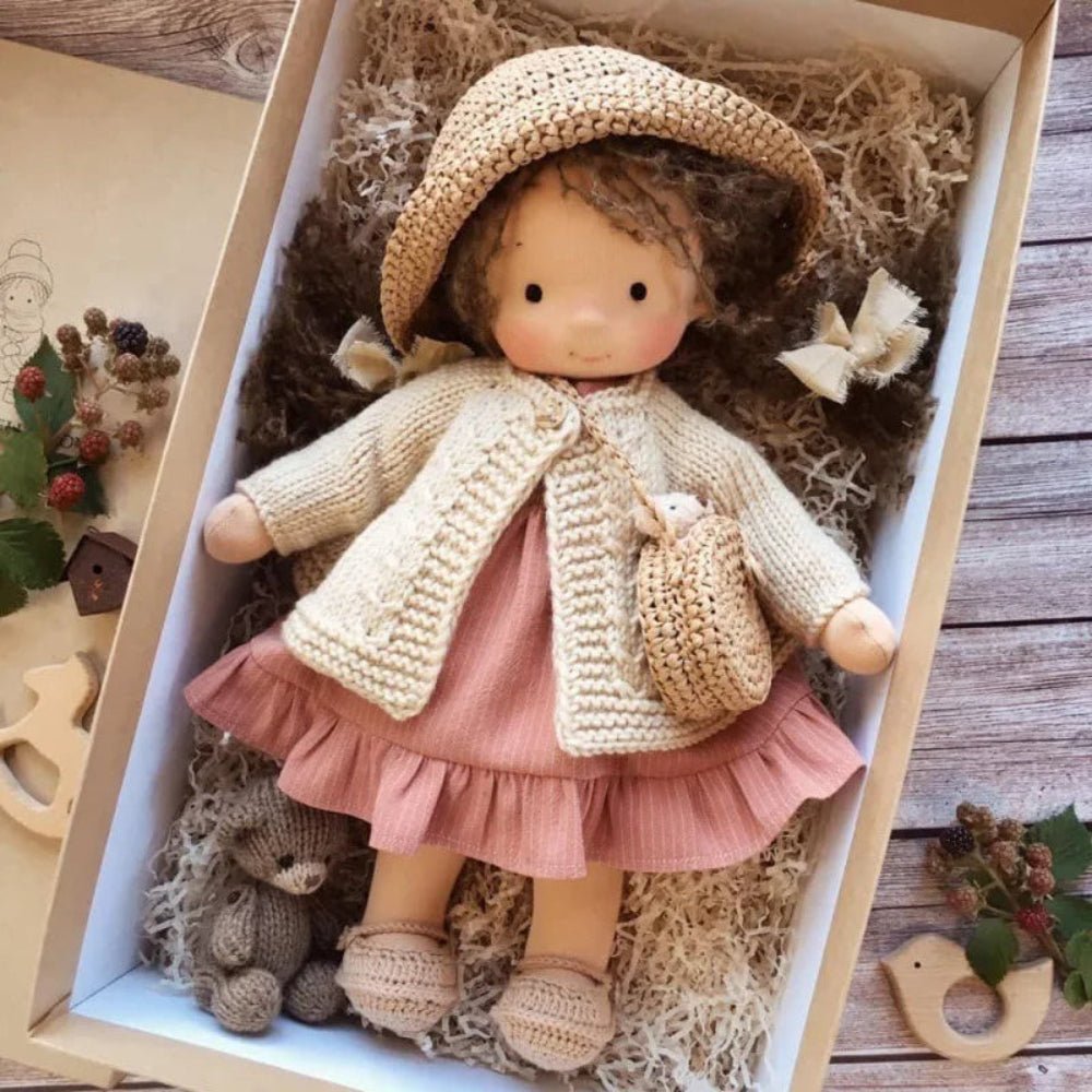 Waldorf style cloth doll in soft fabric, ideal for imaginative play, measuring 12 x 30 cm, perfect toy for kids. 0
